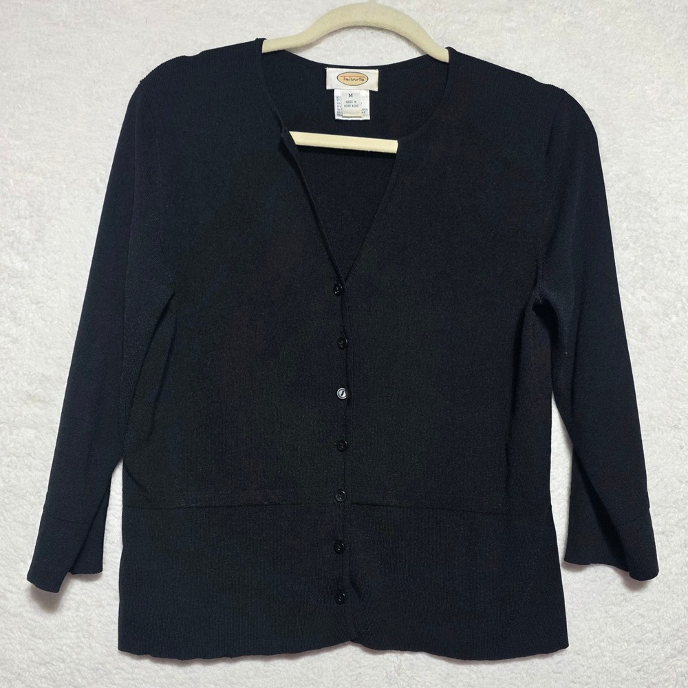 Talbots Black V-Neck Button Front Ribbed Cardigan 3/4 Sleeve Size M